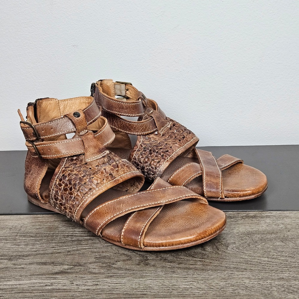 Bed Stu Sandals Womens Sz 6 Capriana Tan Distressed Leather Woven Gladiator Flat